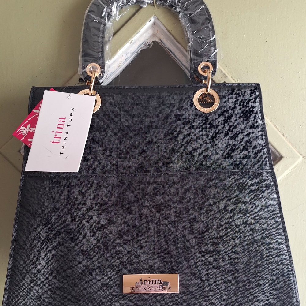 Trina Turk Black Structured Satchel with Gold Accents